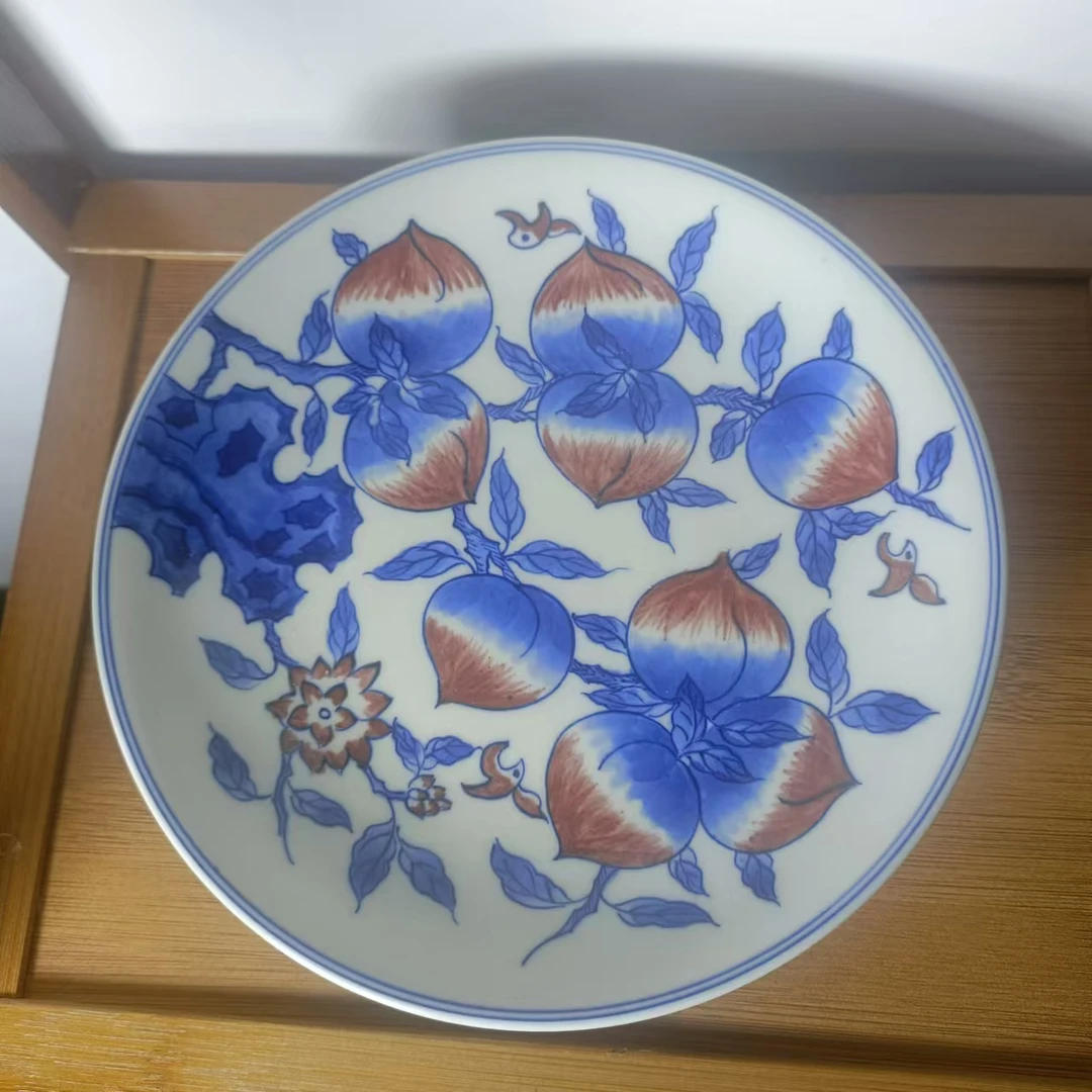 手工手绘雨溪山坊青花釉里红九桃五福壶承