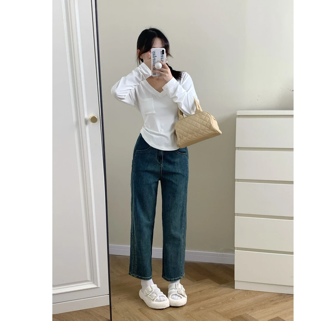 高腰直筒牛仔裤女早秋新款梨形身材大码宽松小个子显瘦复古烟管裤