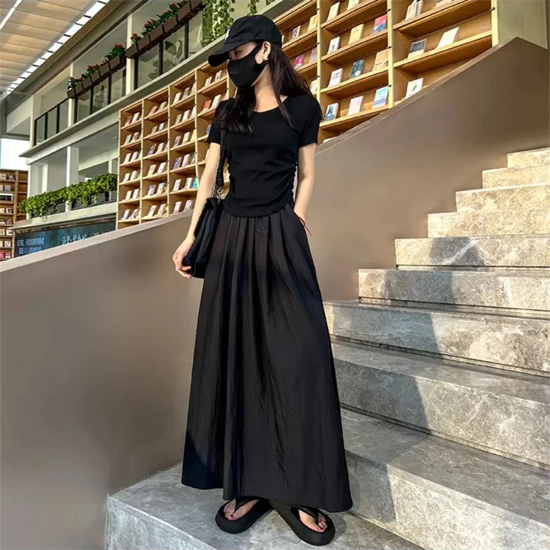 黑色半身裙女2024新款夏季薄款高腰垂感伞裙百褶长裙山本裙1056