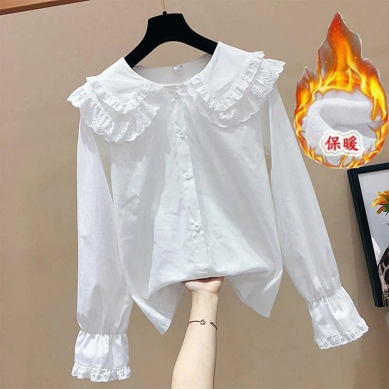 小清新蕾丝娃娃领衬衣衬衫女新款秋冬加绒打底白衬衫女很仙的上衣