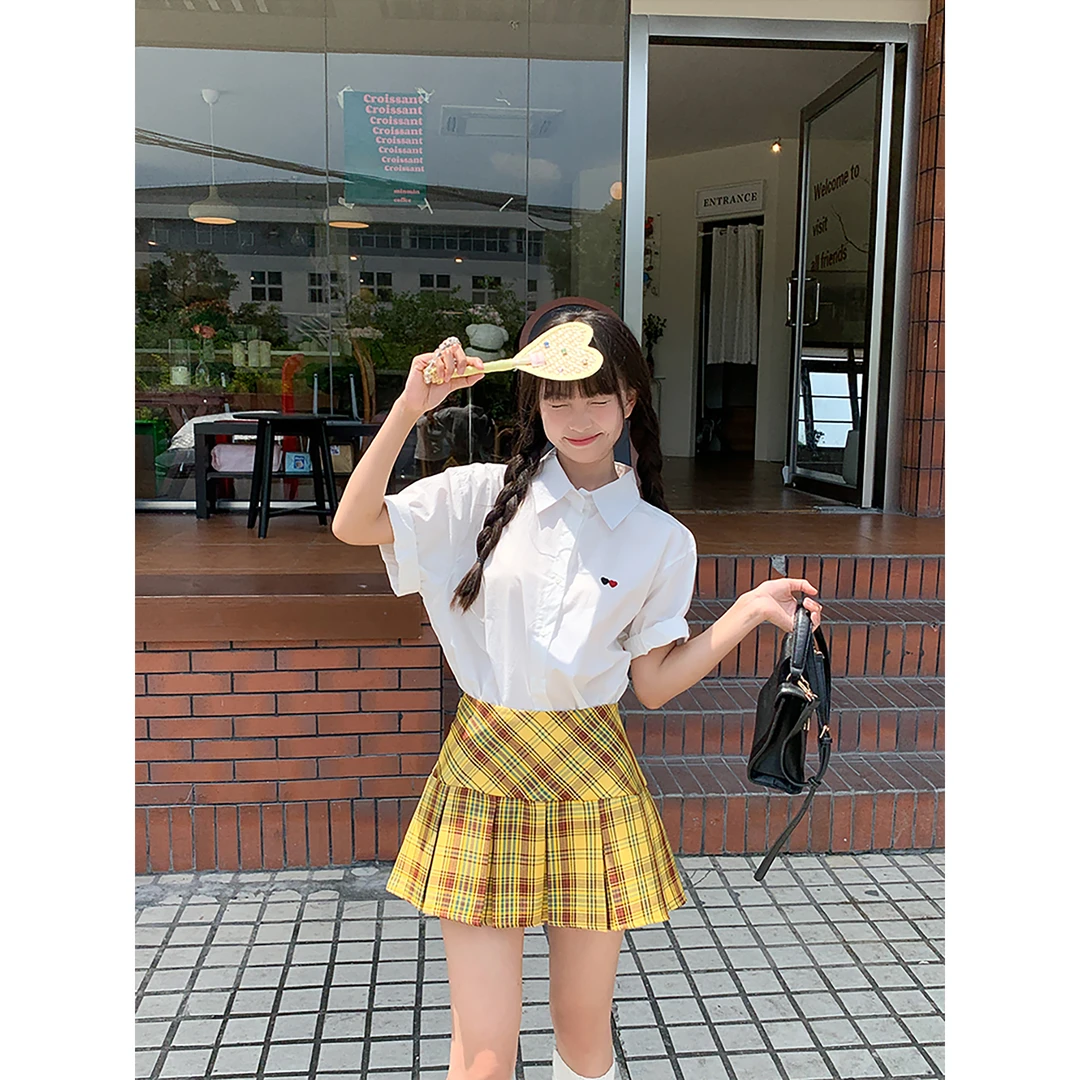 大sim小sim 甜辣格子条纹高腰宽松显瘦包臀百褶A字半身裙女2371