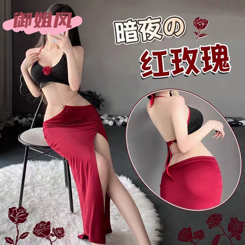 性感腰链裸背露腰连衣裙纯欲低胸绑带上衣高开叉红色长裙约会战袍