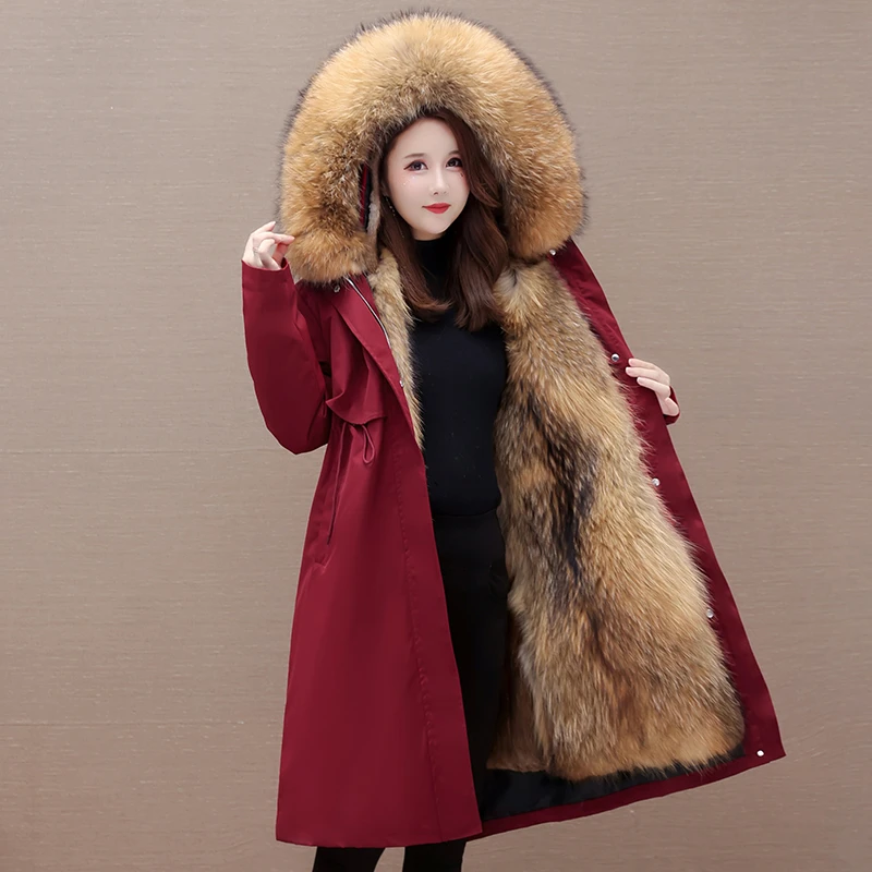 派克服女冬季新款时尚连帽加厚保暖长款可拆卸皮毛一体大码外套女