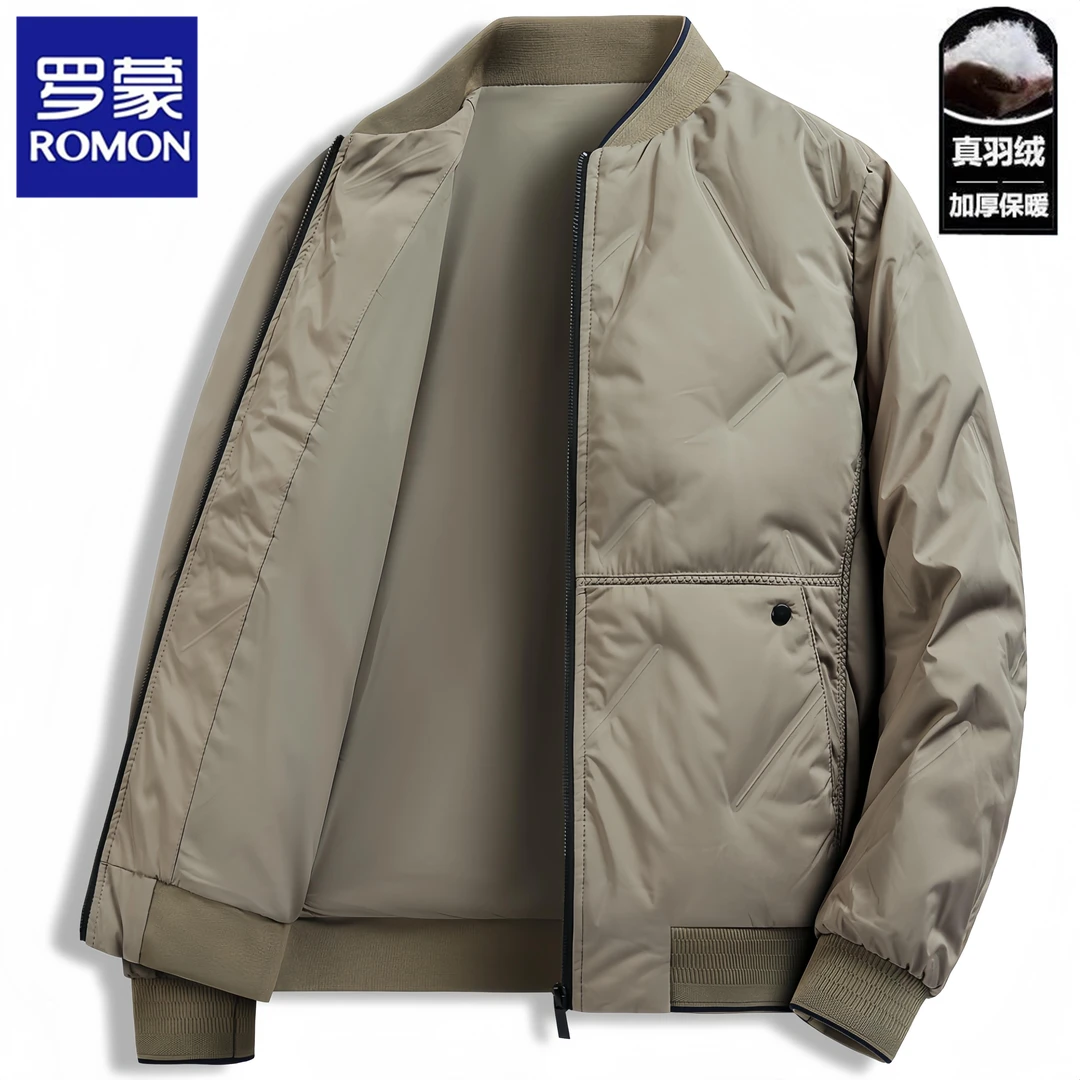 Romon/罗蒙男士羽服冬季商务休闲棒球领轻薄丝绒夹克爸爸装外套潮