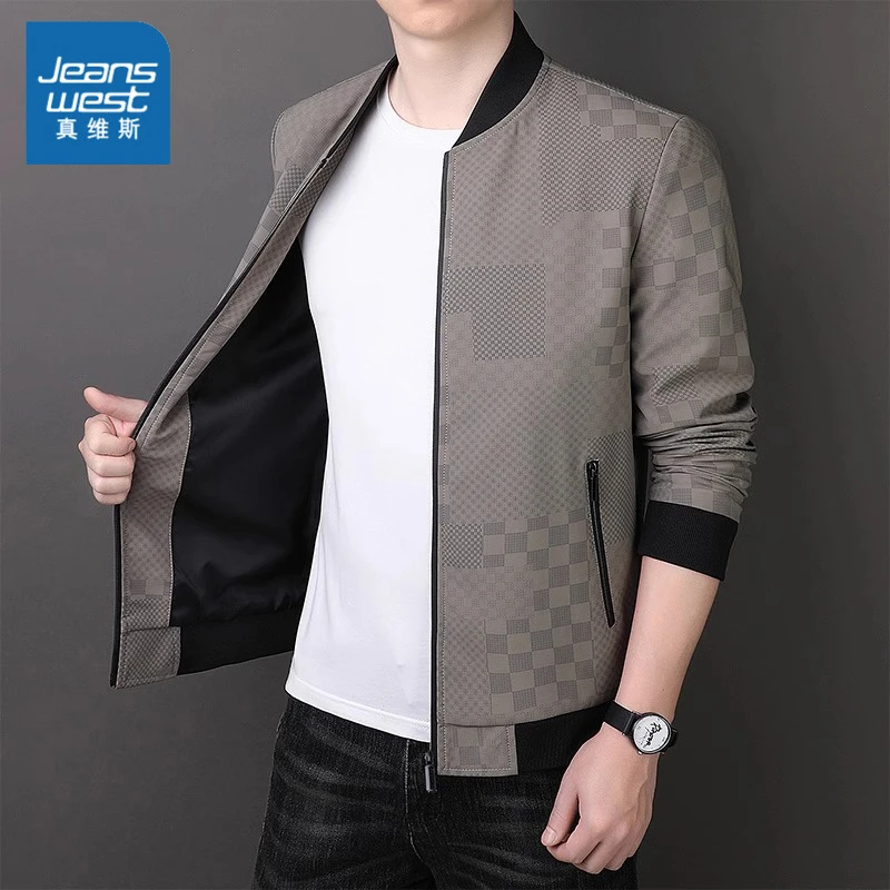 真维斯中年春秋季夹克男棒球领爸爸外套加绒宽松百搭商务休闲上衣