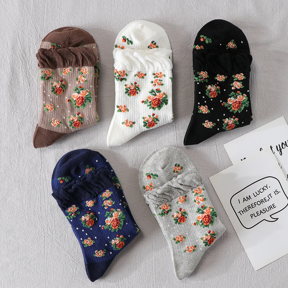 复古民族风袜子女ins潮中筒袜春夏薄款碎花日系百搭堆堆长筒袜