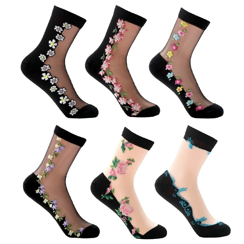 奈丝袜业春夏新款春秋丝袜子女士中筒花朵性感薄款透明加棉底丝袜