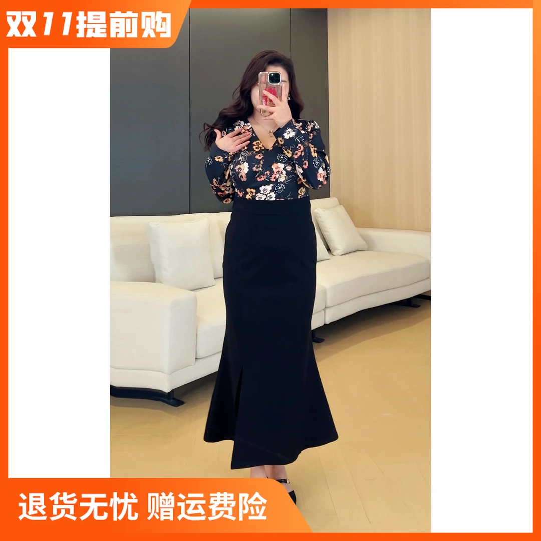 敏敏子微胖定制~黑色显瘦碎花拼接假两件中长款连衣裙复古LWT960