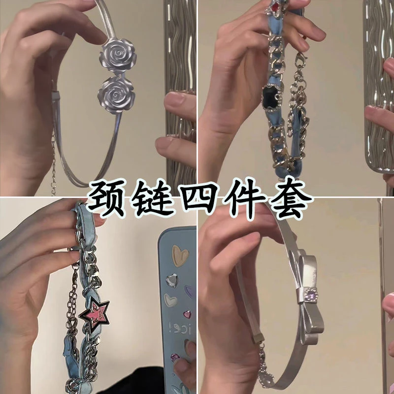 合金亚克力项链 银色玫瑰花双层项链高级设计感小众choker颈链