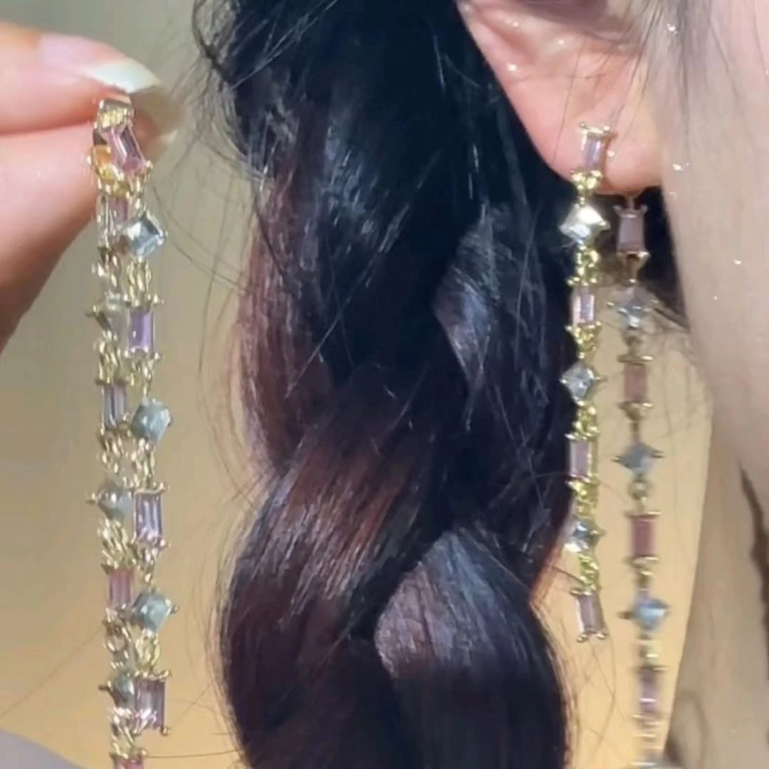 合金耳饰 方形流苏耳坠甜美气质粉色耳饰可拆卸两戴夏季新款耳环