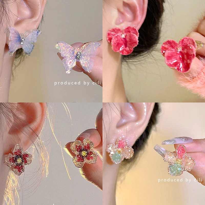 合金亚克力耳饰 梦境之蝶超仙蓝色粉色渐变蝴蝶耳饰甜美度假耳环