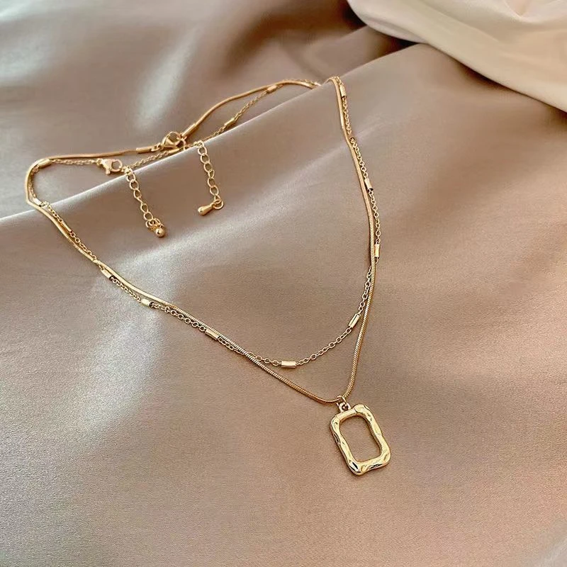 合金项链 双层叠带方块项链2024年新款女轻奢小众ins项链小众