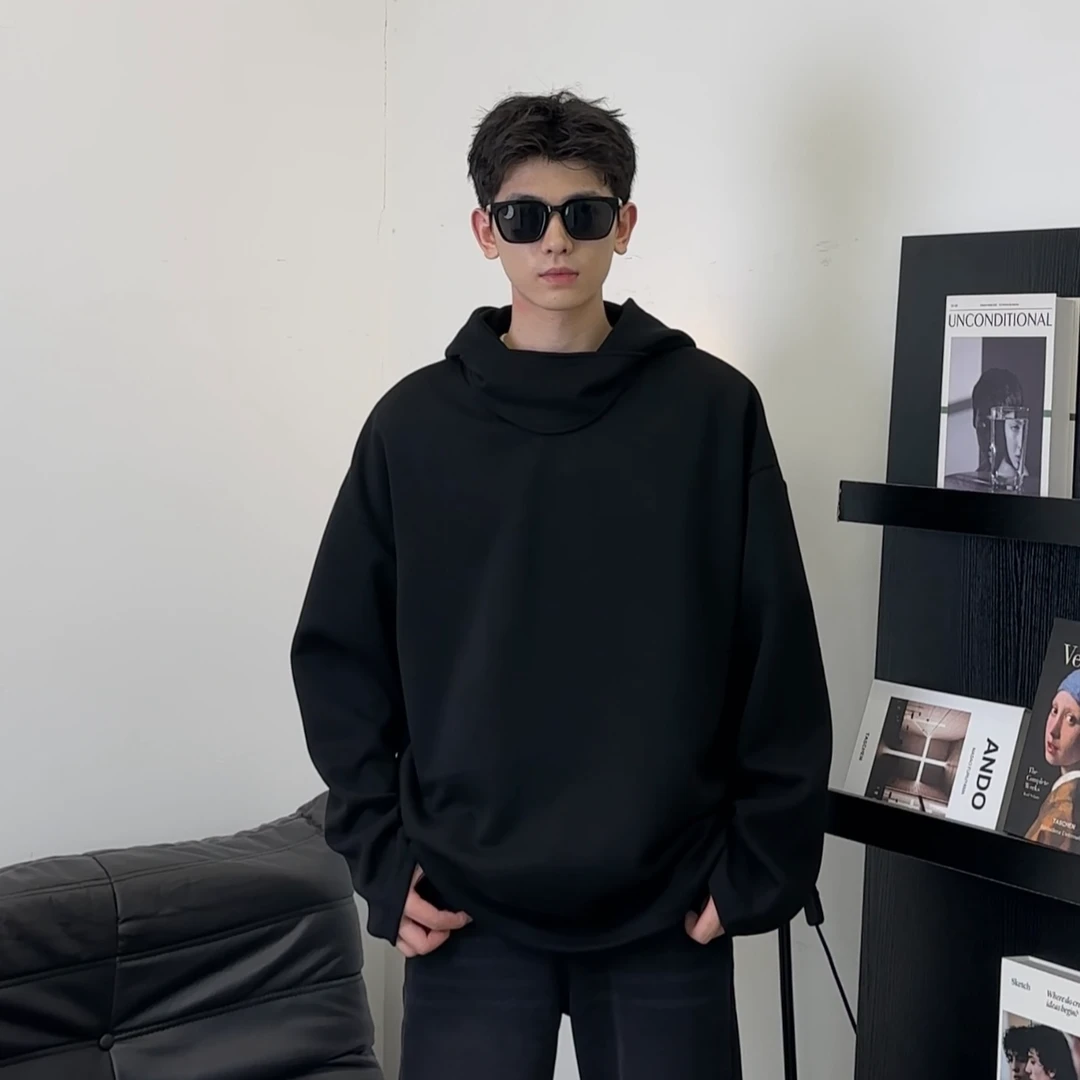 黑色连帽立领排扣宽松男士韩版纯色简约外套情侣时尚韩系上衣厚款