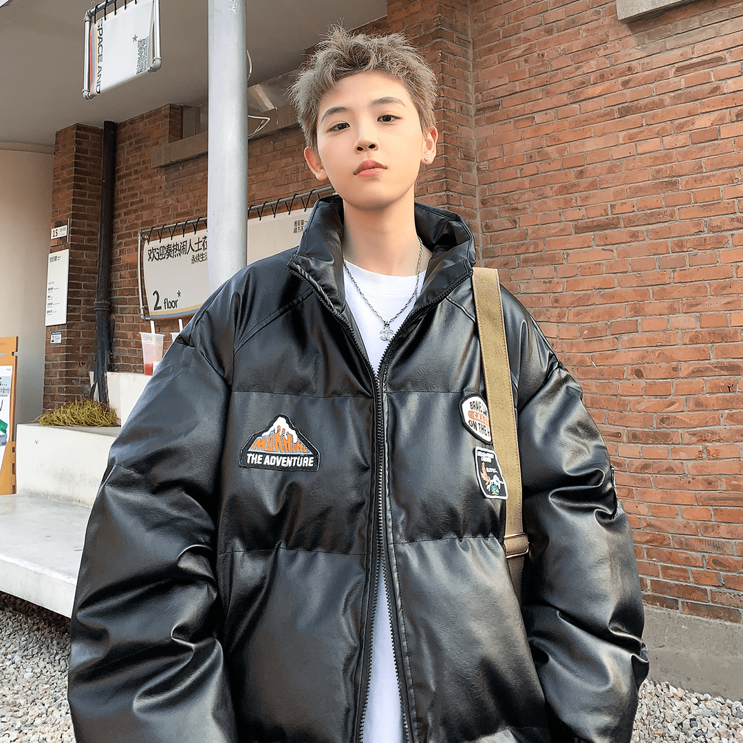 秋冬新款纯色pu皮棉服男士百搭韩版潮流宽松休闲港风高街保暖棉衣