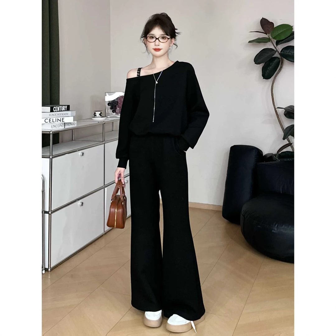 SHAOE清仓专场【露西小姐】套装女显瘦黑色斜领吊带上衣黑色阔腿裤