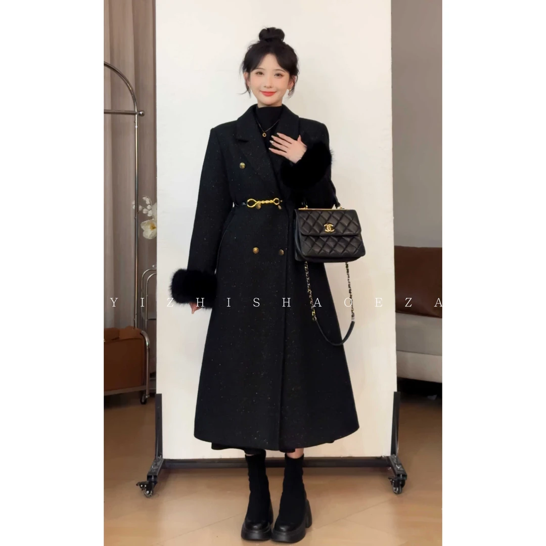 SHAOE清仓专场【梦陨】S2023121807设计感黑色毛呢大衣秋冬新款