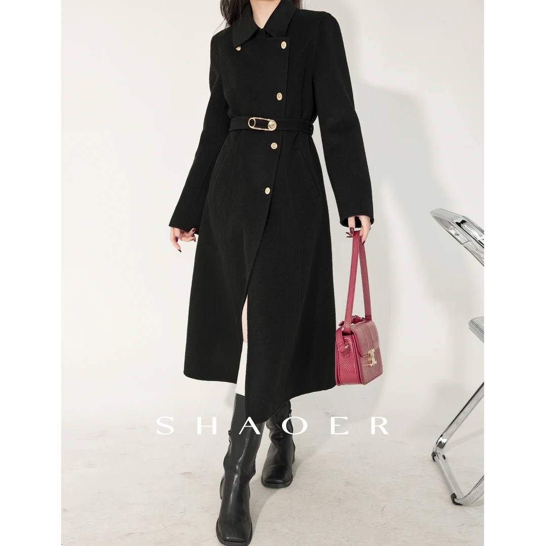 SHAOER清仓专场【黑金名媛】黑色毛呢外套女中长款S2023082313