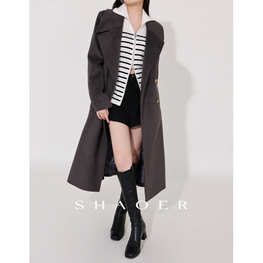 SHAOE清仓专场【罗勒清雾】黑色毛呢外套单排扣大衣S2023080301