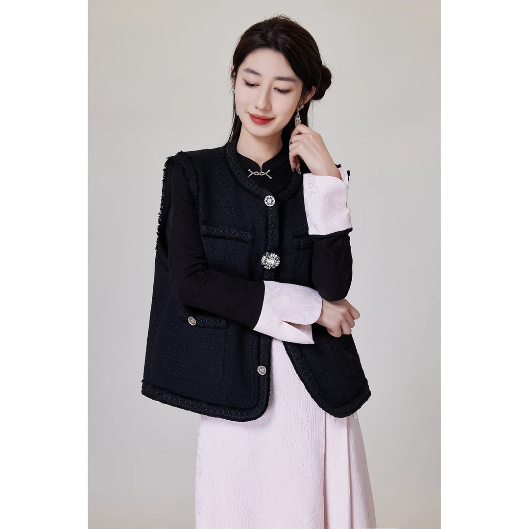 SHAOE清仓专场【长离】 黑曜石色女春季立体镶花边纹粗花马甲设计感