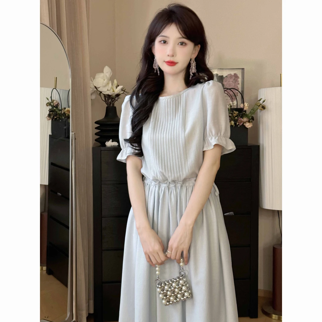 SHAOE清仓专场【糖水日记】蓝色雪纺醋酸圆领连衣裙夏收腰显瘦温婉