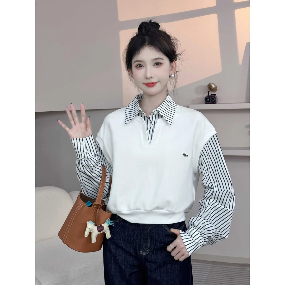 SHAOE清仓专场【白色岛屿】半开领针织秋冬休闲假两件拼接长袖卫衣