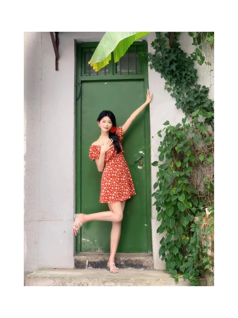 SHAOE清仓专场【迷途花径】连衣裙女红色碎花高腰显瘦一字荷叶边