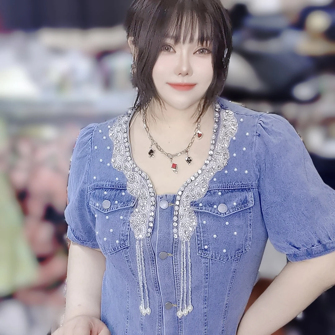 夏秋重工闪亮珍珠牛仔裙