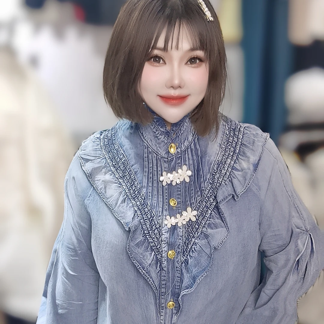 春日爆款韩系胸夹牛仔衬衫