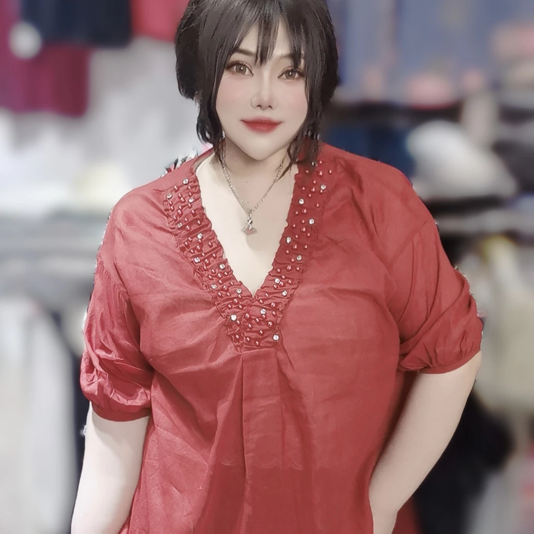 夏日重工珍珠V领苎麻上衣