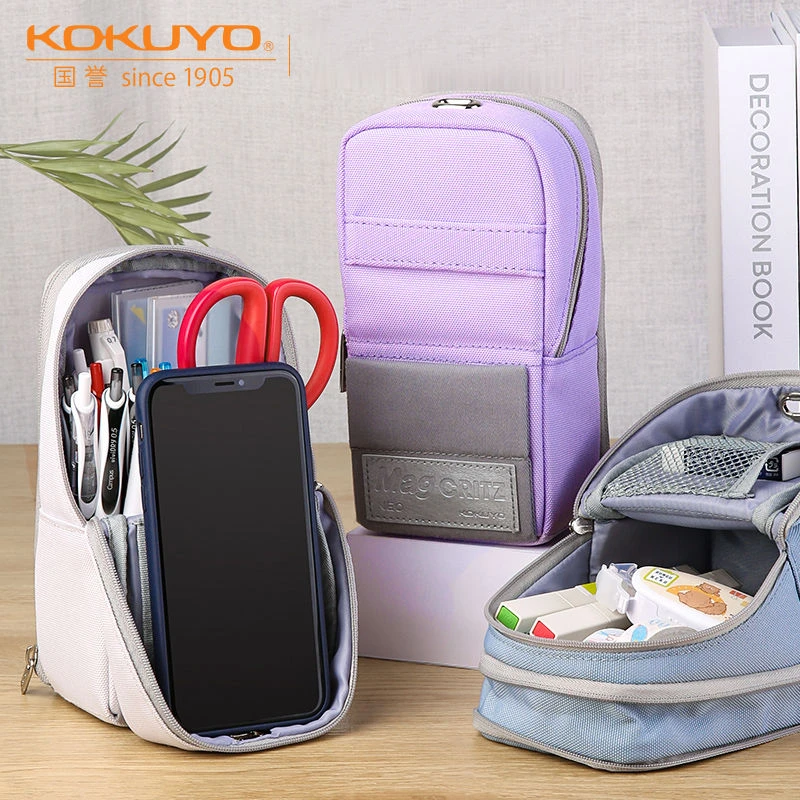 日本手机站立式涤纶笔袋大容量大开口学生文具多功能可立式磁吸