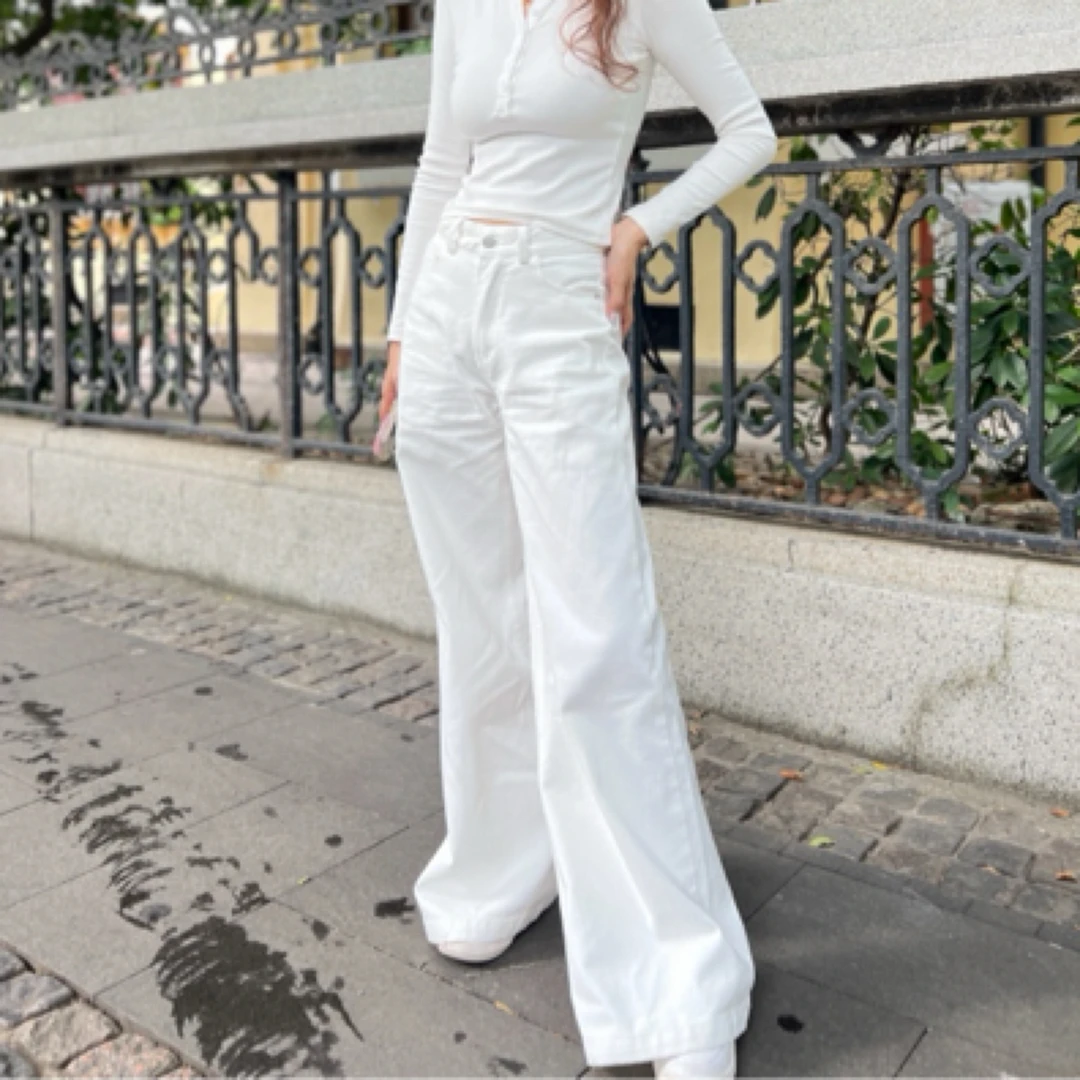 新款白色牛仔阔腿裤