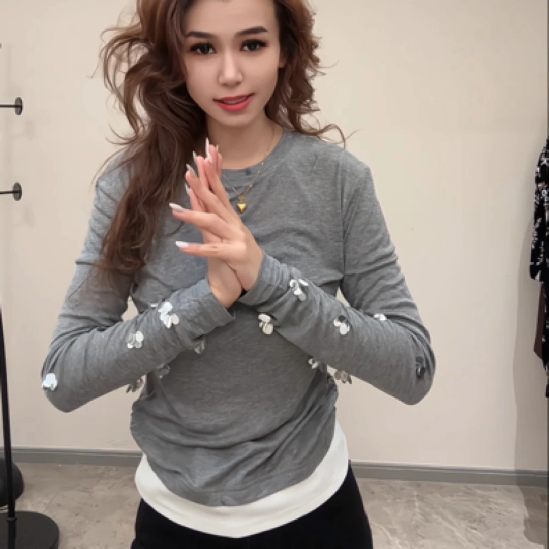 灰色亮片假两件针织衫