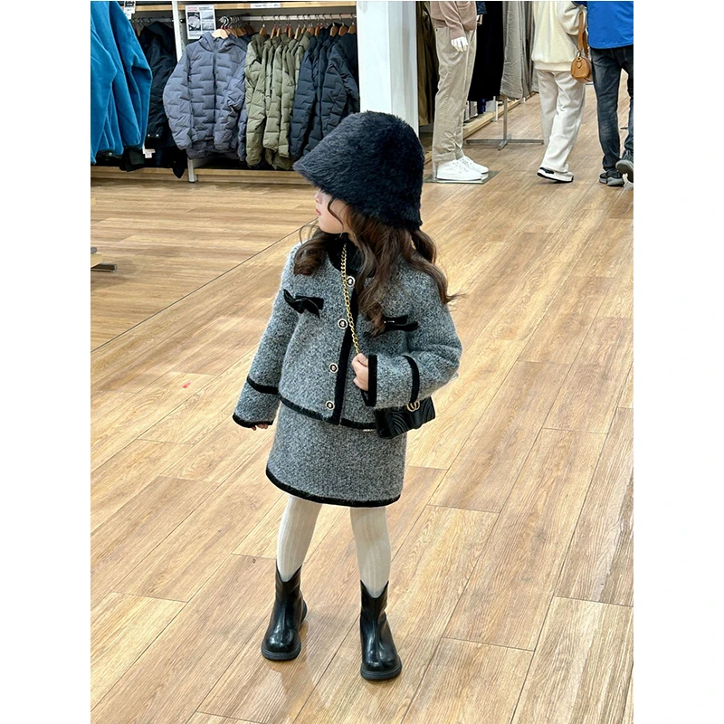 韩版童装女童秋冬小香风套装小女孩洋气高级灰外套半裙两件套加厚