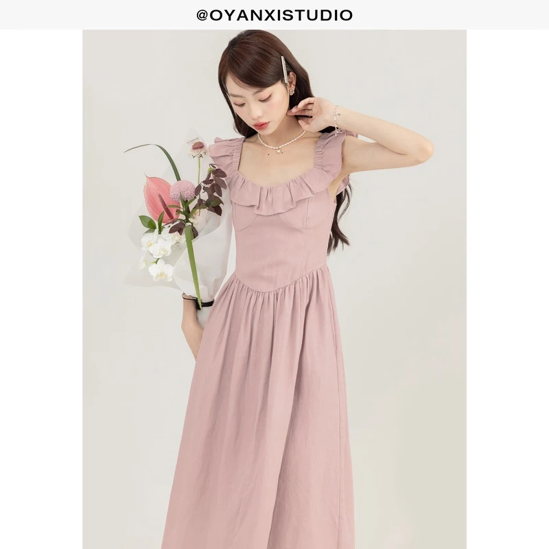 【OYANXI！清仓！】AB-225967法式小飞袖连衣裙女收腰显瘦气质中长款