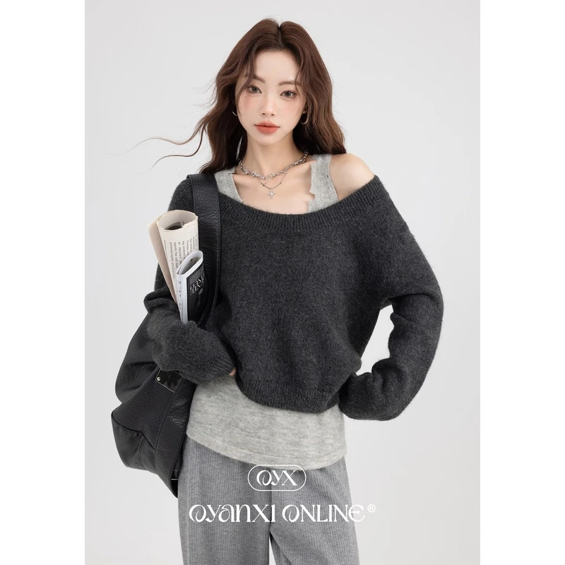 【OYANXI！清仓！】暮秋晚风晚秋慵懒圆领长袖上衣女简约宽松遮肉毛衣