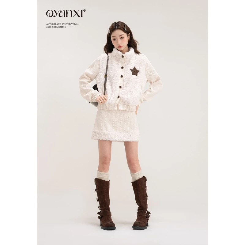 【OYANXI！清仓！】CY234330圆领拼接长袖上衣冬季宽松遮肉短外套sz