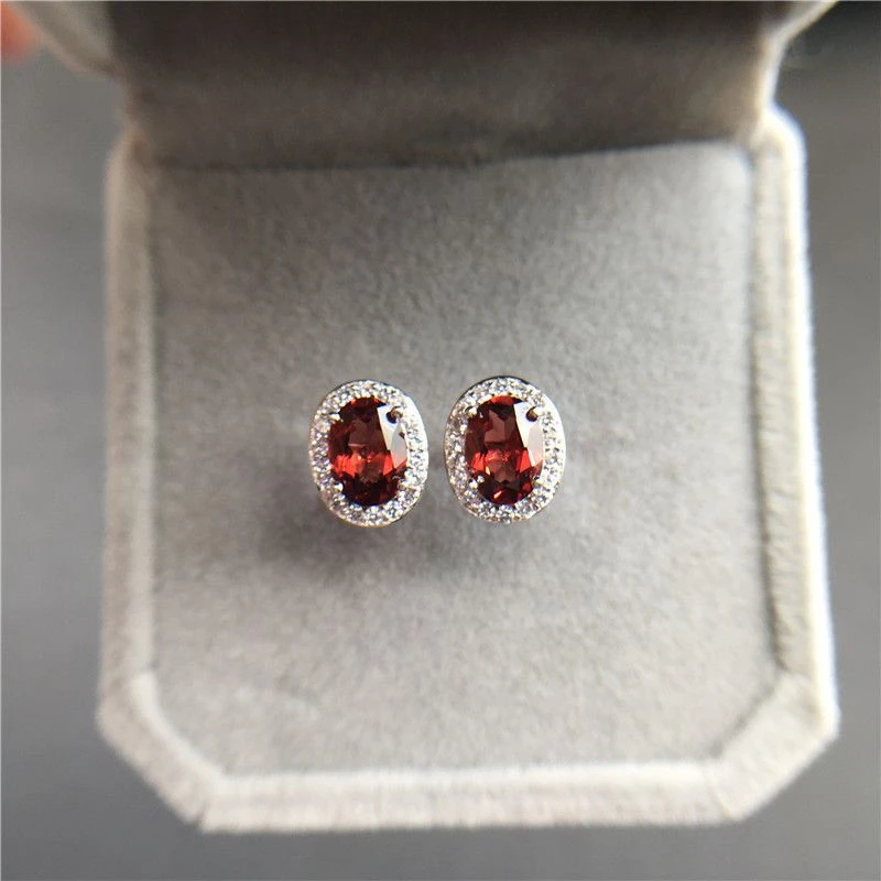 天然莫桑比克石榴石红宝石色耳钉耳坠S925纯银镀白金玫瑰金送证书
