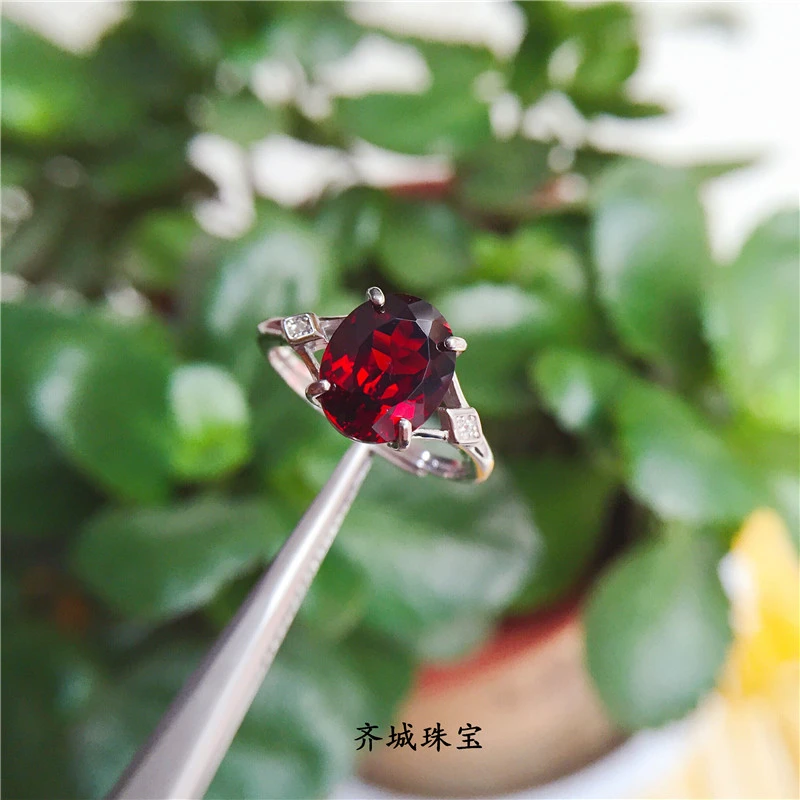 新款天然莫桑比克酒红宝色石榴石戒指纯银女镀18k白金活口调节