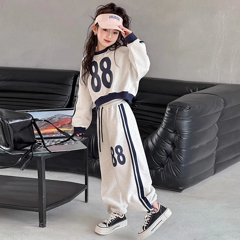 女童中大童休闲套装春秋薄款时髦洋气拼接撞色字母卫衣卫裤两件套