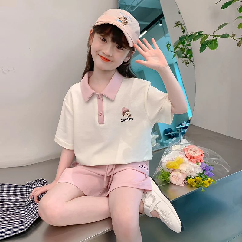 女童夏季休闲套装中大童洋气时髦儿童撞色polo领短袖+短裤两件套