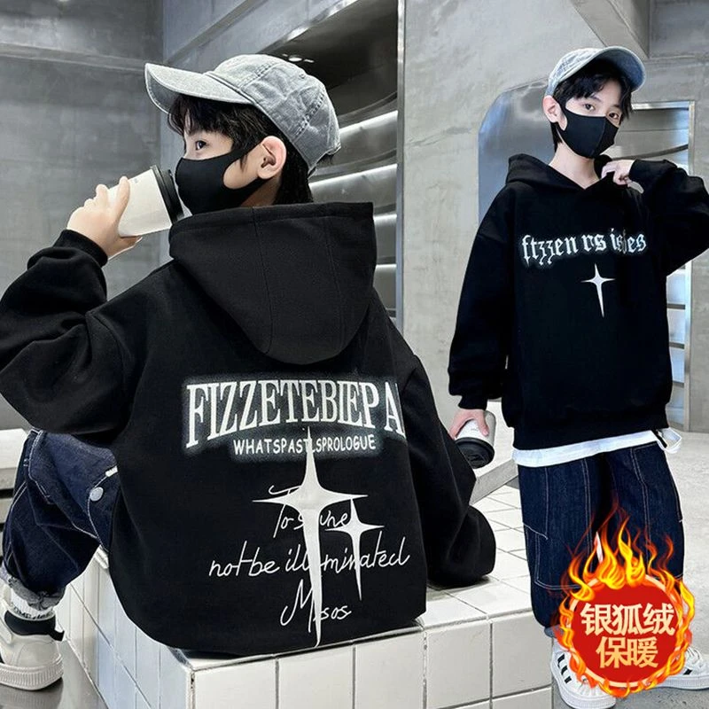 男童中大童连帽卫衣秋冬新款加绒加厚黑色字母帅气儿童保暖上衣服