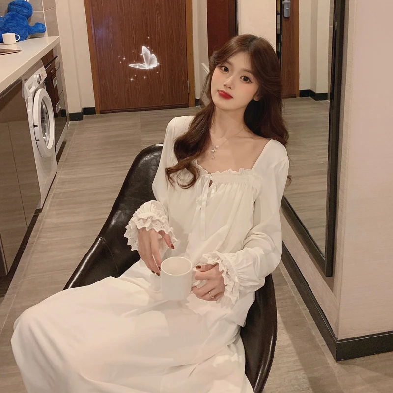 女款睡衣春夏秋季宫廷风长袖蕾丝睡裙韩版公主风可外穿家居服长裙