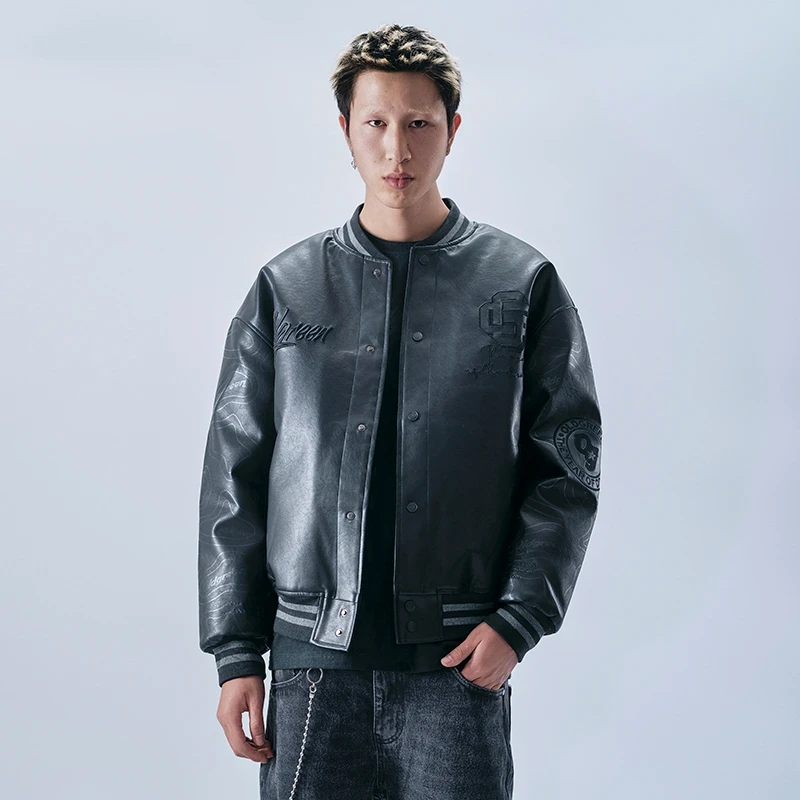 oldgreen/其他龙年限定黑色棒球服男刺绣pu美式外套夹棉加厚夹克