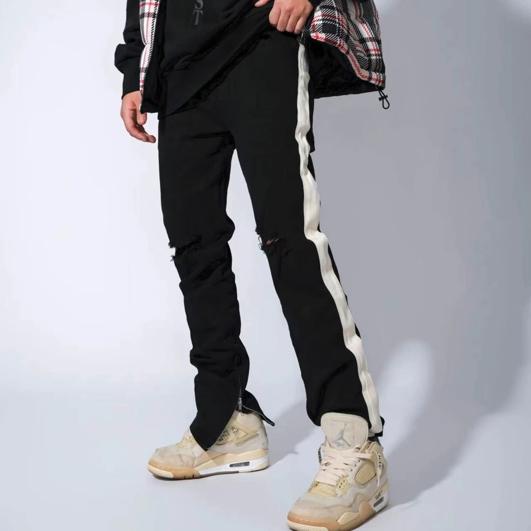 OLDGREEN 侧边拉链拼接复古牛仔裤男女高街修身破洞防水情侣休闲