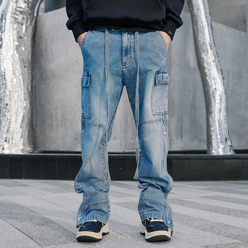 OLDGREEN美式休闲街头潮牌拉链排扣牛仔裤男女高街显高百搭长裤