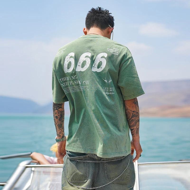 OLDGREEN 撒旦 666 美式复古水洗做旧宽松潮流圆领国潮短袖T恤ins