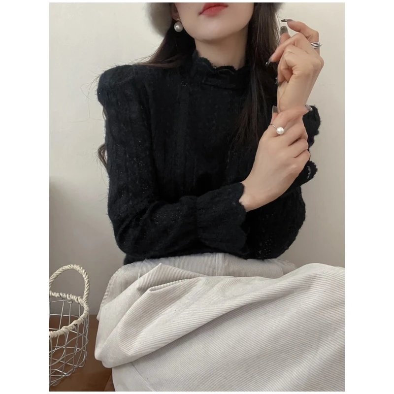 绒边蕾丝打底！柔软百搭~半领气质内搭女式针织衫049