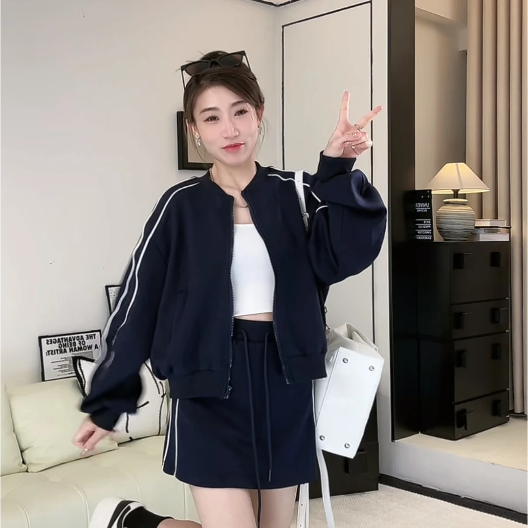 【一眼万年】~3件套~秋季新款 洋气拉链卫衣短裙套装（有背心）