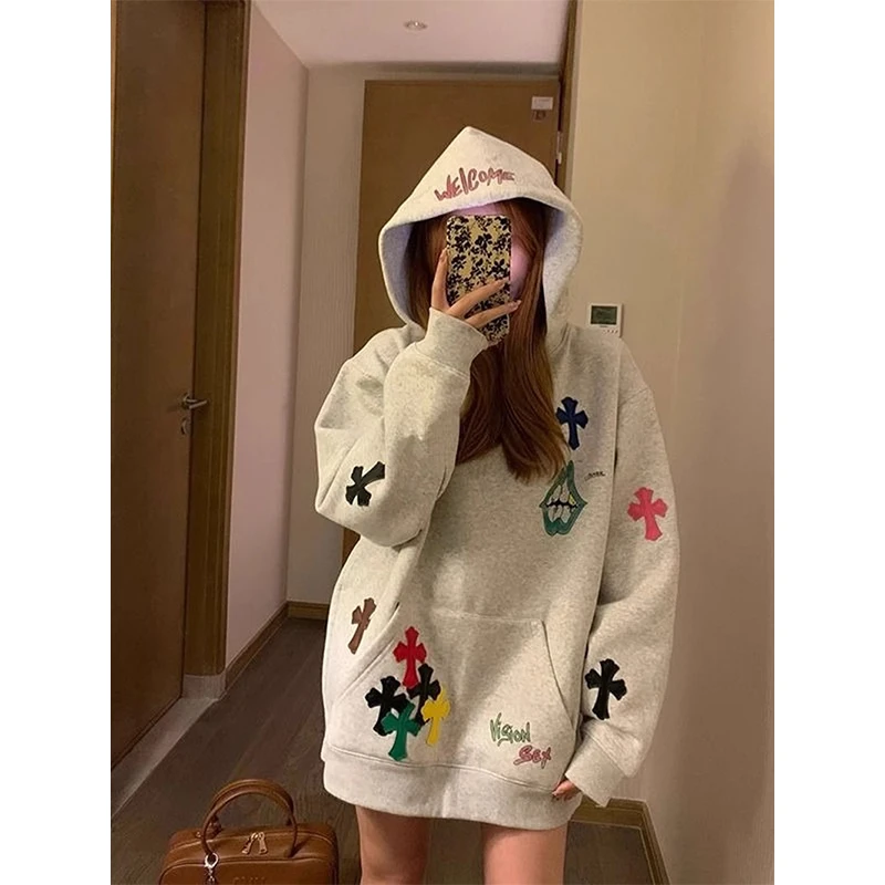 慵懒风彩色十字架印花连帽卫衣女秋冬高级感加绒oversize宽松上衣