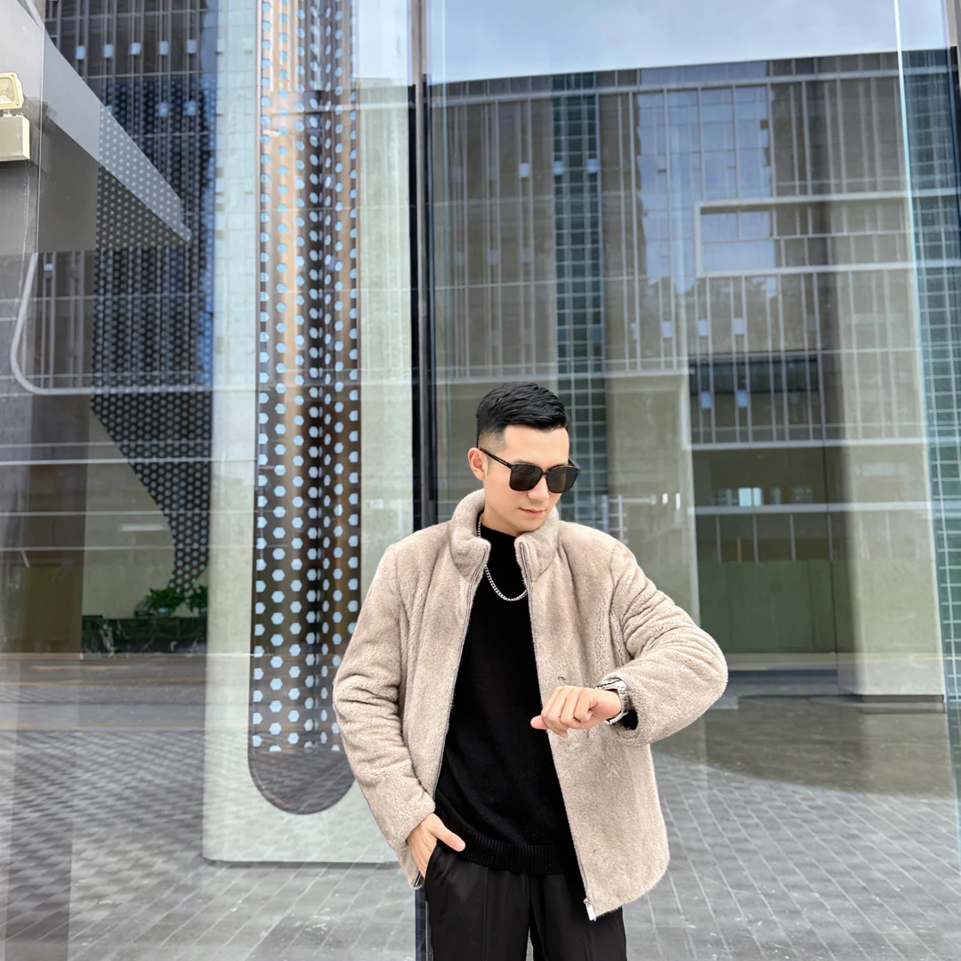 【煜衡】A058银蓝本色立领夹克男士时尚经典貂皮外套保暖大衣简约